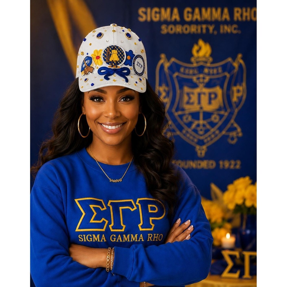 Sigma Gamma Rho SGRho Custom Rhinestone Embellished Sorority Baseball Cap White - Picture 2 of 7